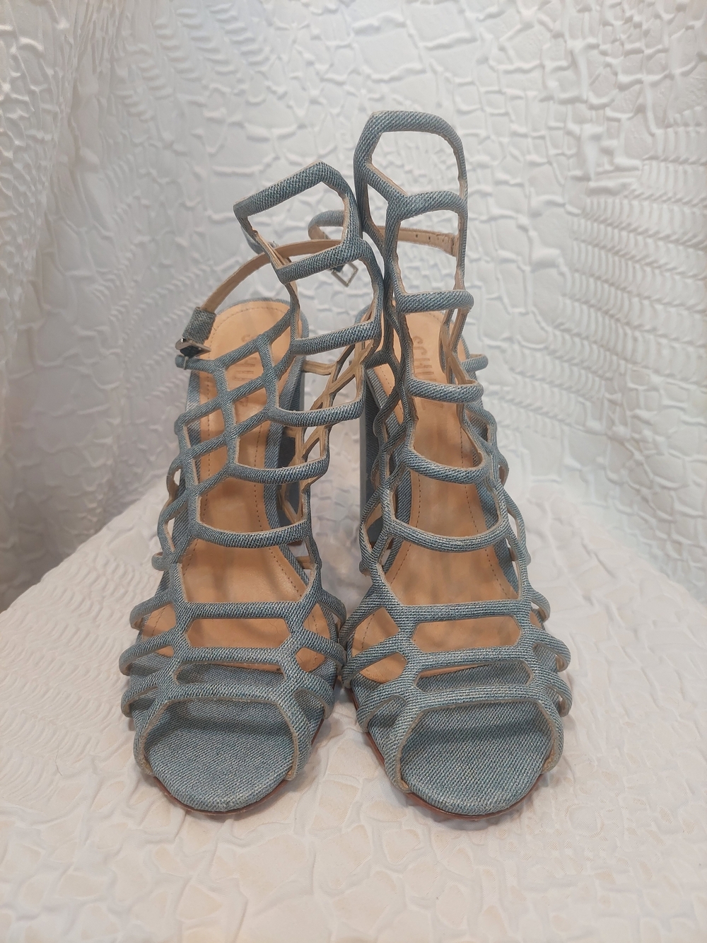 SCHUTZ Light Blue Denim Cage Heels